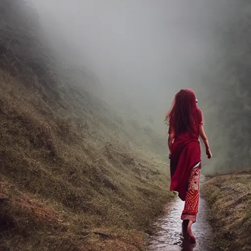 Image similar to define the character of a beautiful girl, messy long red hair, messy wet grey tribal clothes, short torn up pants, she is walking on a mountain and we see down in a deep valley a very poor old shanti town with wooden ruins, medieval time, heavy rain, late at night, mist, cinematic, 8 k,