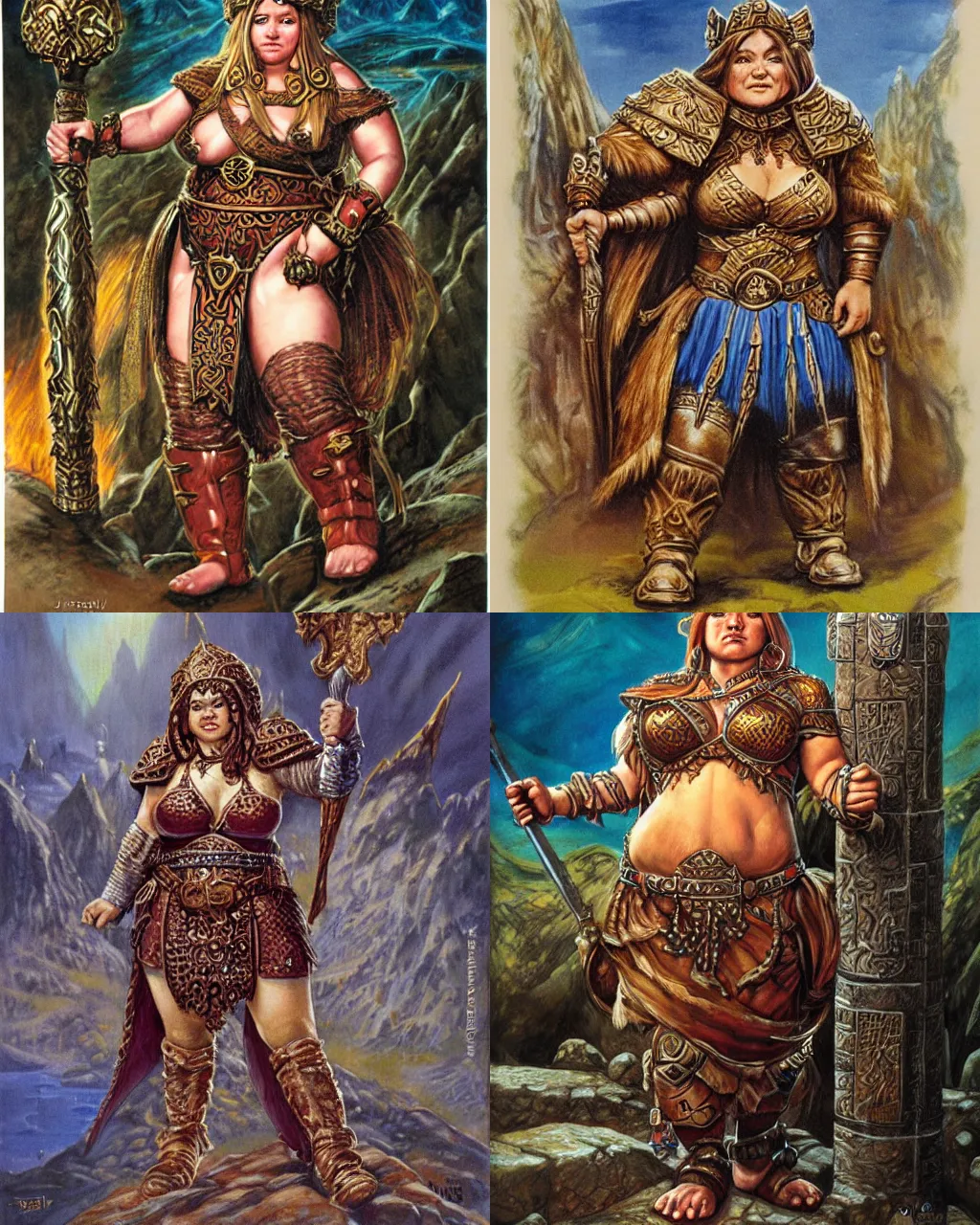 Prompt: female dwarven queen, chubby short stature, elaborate hair, by jeff easley