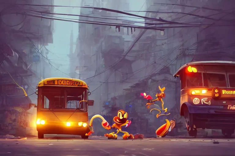 Prompt: a cartoony public bus, electric cables, various items, in the style of Rayman origins, michael ancel, Ruan Jia and Mandy Jurgens and Greg Rutkowski, trending on Artstation, award winning, unreal engine, octane render H 1024