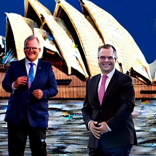 Prompt: Prime Minister Scott Morrison selfie by the Sydney Opera House, cinematic, hyper realism, high detail, vivid colors, octane render, unreal engine, 8k