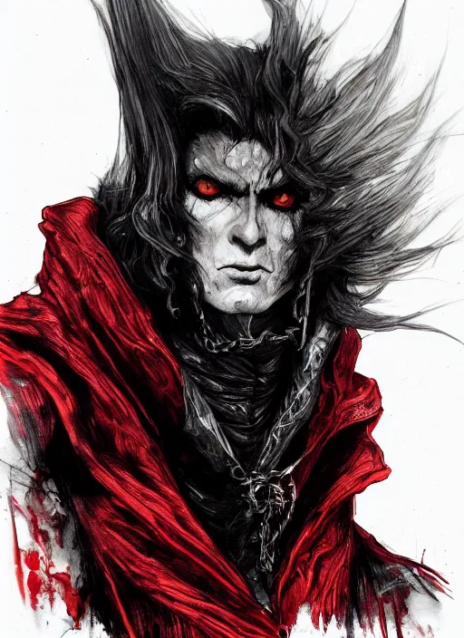 Image similar to close up portrait of a vampire in a dark cloak, black and red color, powerful, domineering, stoic, masterful, intense, ultrafine hyperdetailed illustration by kim jung gi, irakli nadar, intricate linework, sharp focus, octopath traveler, yoji shinkawa, highly rendered, detailed, concept art