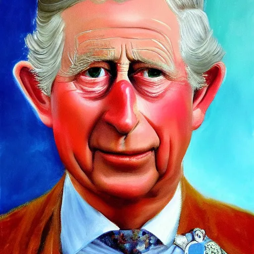 Image similar to an oil painting of prince charles with sausage fingers