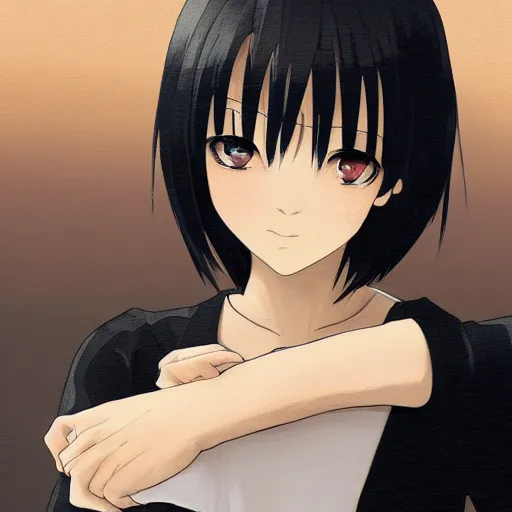 Image similar to 1 7 - year - old pale - skinned anime girl with black long bob cut, long bangs, black gothic jacket, black jeans, running through italian town, yellow sunshine, sepia sun, strong lighting, strong shadows, vivid hues, ultra - realistic, sharp details, subsurface scattering, intricate details, hd anime, 2 0 1 9 anime