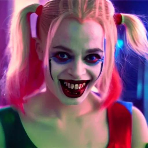 Prompt: still image of harley quinn from the simpsons in the dark knight, cinematic, anamorphic, 8 0 mm f / 2. 8 l, 3 5 mm film, movie