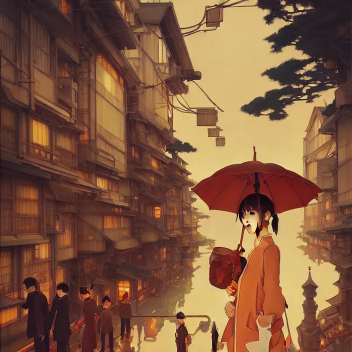 Image similar to tokyo, autumn, in the style of studio ghibli, j. c. leyendecker, greg rutkowski, artem