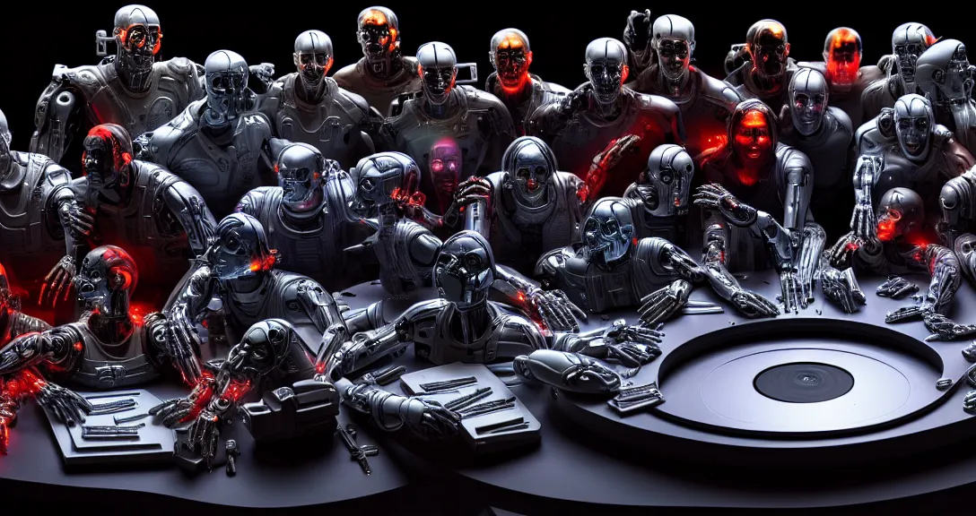 Image similar to war, 13 diverse cyborgs on one_side of a reflective !cybernetic table, posing_as_last_supper, inticrate detailed glowing implants, highly detailed, dramatic lighting, electrical details, high details, beautiful lighting