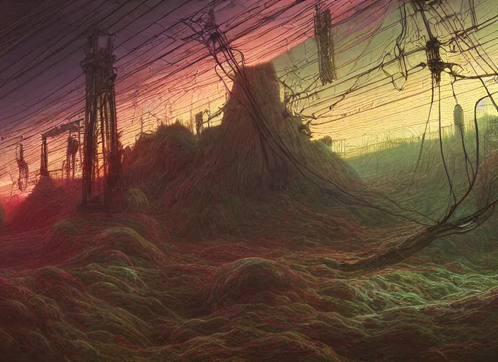 Image similar to Landscape, neon, RGB, glowing wires everywhere, by Edgar Maxence and Ross Tran, Zdzisław Beksiński, and Michael Whelan, distant, gustav dore, H.R. Giger, 8k, octane render