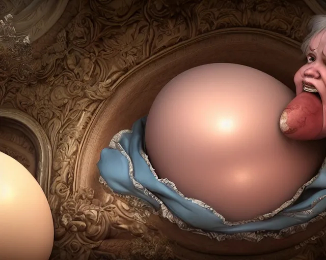 Prompt: of a very beautiful scene. ambient occlusion render. a sweet fat old woman is giving birth a beautiful colorful huge egg. hyper realistic. 4 k. wide angle. baroque style. wild. symmetrical face, red mouth, blue eyes. deep focus, lovely scene. ambient occlusion render. concept art. unreal engine.