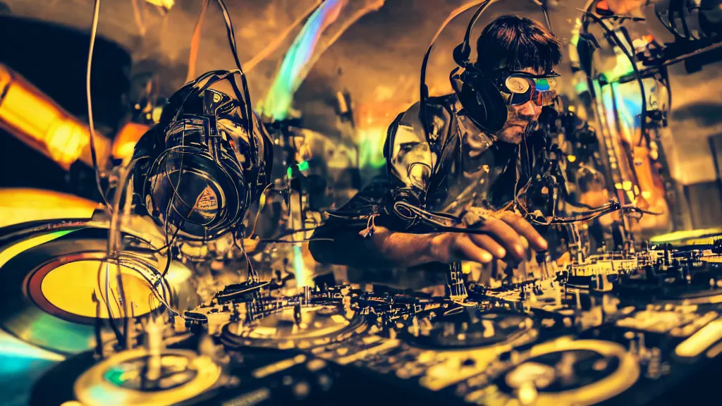 Image similar to a person wearing goggles and visor and headphones using a steampunk record player contraption, wires and tubes, turntablism dj scratching, intricate planetary gears, complex, cinematic, imax, sharp focus, iridescent, black light, fog machine, lasers