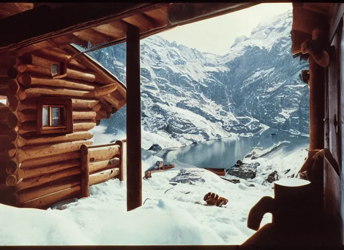 Image similar to a 3 5 mm kodachrome photo of a cozy cabin in the swiss alps in the 1 9 5 0's