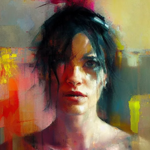 Image similar to abstract painting of woman in bright colour by jeremy mann