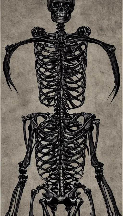 Prompt: full - body portrait of a creepy realistic human skeleton wearing many black snakes and other reptiles as clothing, traditional art, dark, surrealism, german romanticism style, ornate and elegant, hightly detailed