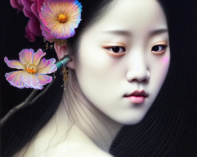 Image similar to jisoo from blackpink, portrait, rococo and art nouveau fusion, iridescent diaphanous refractive and reflective flower bouquet, tarot card, hyperrealistic, highly detailed, deep focus, intricate, elegant, digital painting, smooth, sharp focus, illustration, ultra realistic, 8 k, art by karol bak and agnes cecile