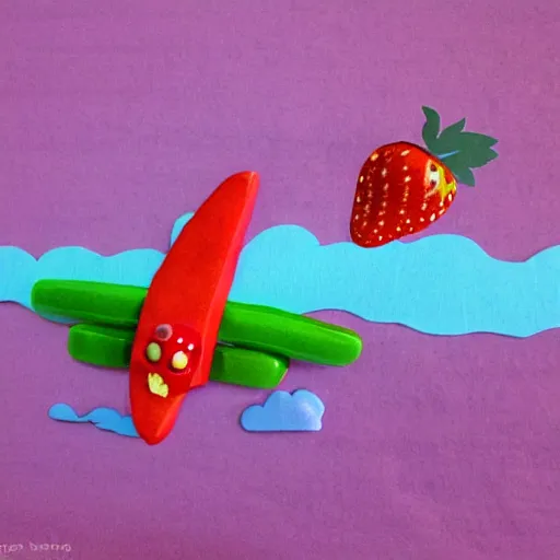 Prompt: strawberry plane, making looping und the ocean