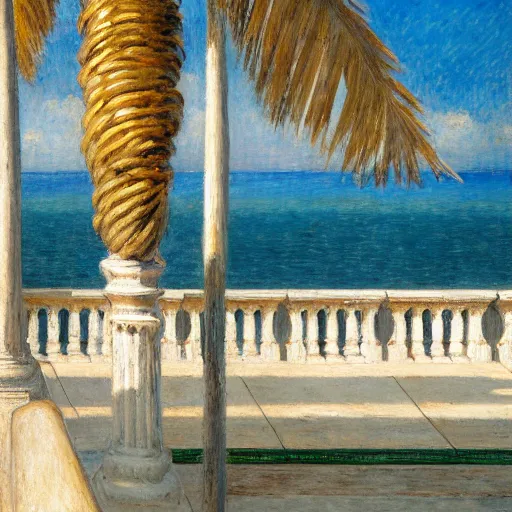 Image similar to a ultradetailed beautiful painting of a sail boat in the amazonas palace balustrade designed by jules bastien - lepage, tarsila do amaral, frank weston and gustave baumann, beach, trending on artstation, mediterranean, palm trees, sharp focus, soft light, 8 k 4 k