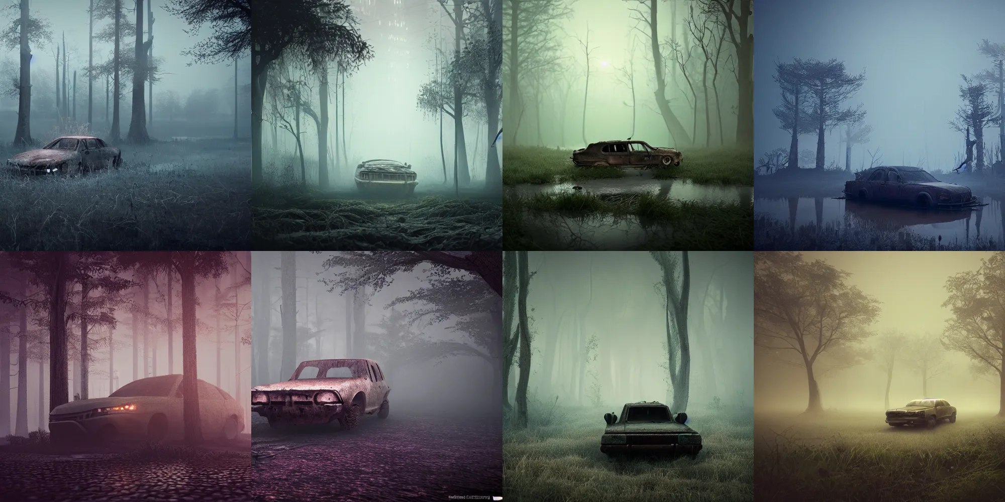 Image similar to beautiful dark creepy foggy swamp landscape, old abandoned car sinking, in the style of beeple and Mike Winkelmann, intricate, epic lighting, cinematic composition, hyper realistic, 8k resolution, unreal engine 5,