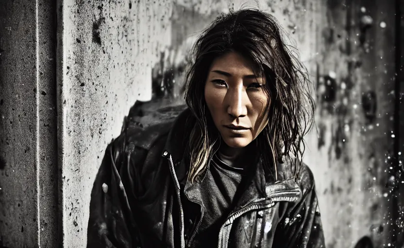 Image similar to cinestill 5 0 d candid photographic portrait by helen levitt of dichen lachman wearing rugged black mesh techwear on a dirtbike through an abandoned mall, extreme closeup, modern cyberpunk moody emotional cinematic, snow storm, 8 k, hd, high resolution, 3 5 mm, f / 3 2, ultra realistic faces, ex machina