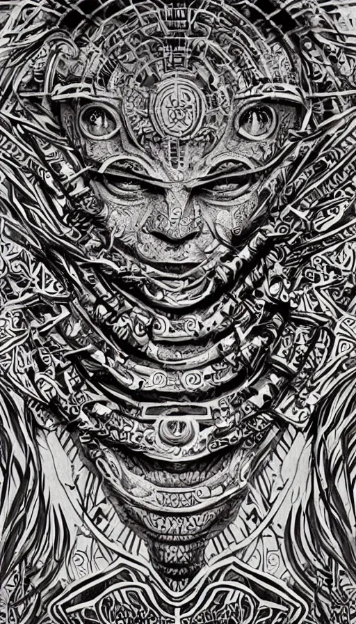 Image similar to ancient aztec fantasy face tattoo pattern concept, teonanacatl glyph, intricate artwork by, Alex Grey, Artgerm, very coherent artwork, cinematic, hyper realism, high detail, octane render, unreal engine, 8k, High contrast, higly detailed black ink outline