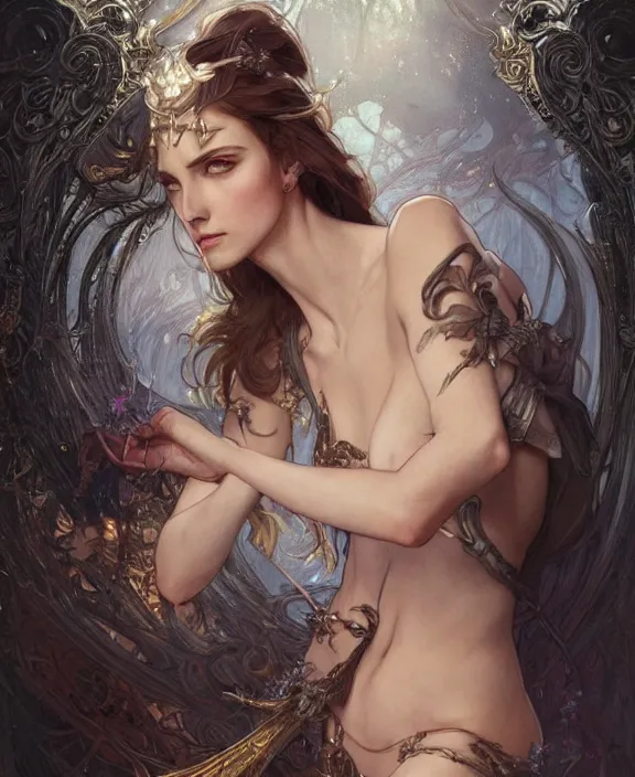 Image similar to portrait of a fantasy woman, half body, d & d, fantasy, intricate, elegant, highly detailed, digital painting, artstation, concept art, art by artgerm and greg rutkowski and alphonse mucha, luis royo