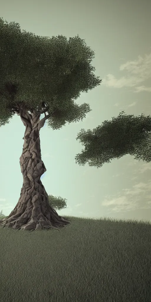 Prompt: the world tree standing tall on a lonely hill, photorealism, sunshaft, low polygon render