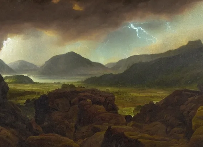 Prompt: a scene of the devonian era, with extinct plants and vast oceans and mountains. a dark sky is looming above. very far away thunder storms are visible. in the style of hudson river school of art, oil on canvas