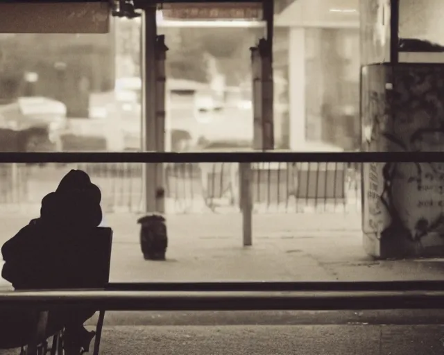 Prompt: a lomographic photo of russian lone man sitting in bus station at early evening in small town, cinestill, bokeh, out of focus