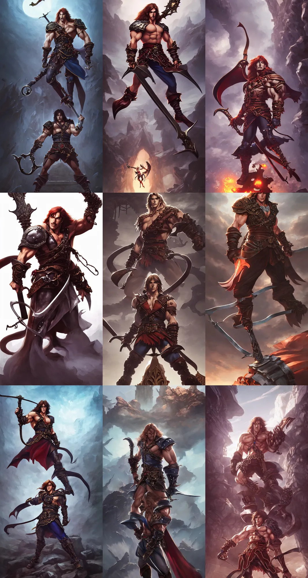 Prompt: simon belmont standing alone holding his whip, castlevania, by stanley artgerm lau, wlop, rossdraws, james jean, andrei riabovitchev, marc simonetti, and sakimi chan, trending on artstation