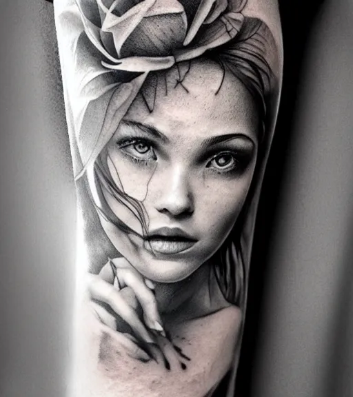 Image similar to a beautiful girl portrait faded in a beautiful mountain background, realism tattoo, in the style of den yakovlev, black and white, hyper realistic, highly detailed