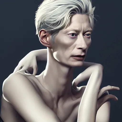 Prompt: hyperdetailed portrait of androgynous tilda swinton as desire of the endless, the sandman, made by caravaggio stanley artgerm lau wlop rossdraws artstation cgsociety concept art cgsociety octane render