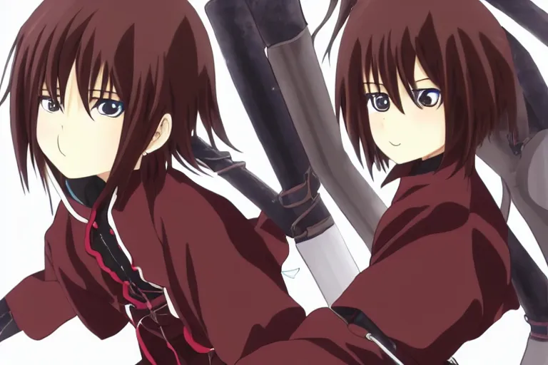 Image similar to anime peripheral, okita sougo, short brown hair, kewpie, red eyes, rurouni kenshin