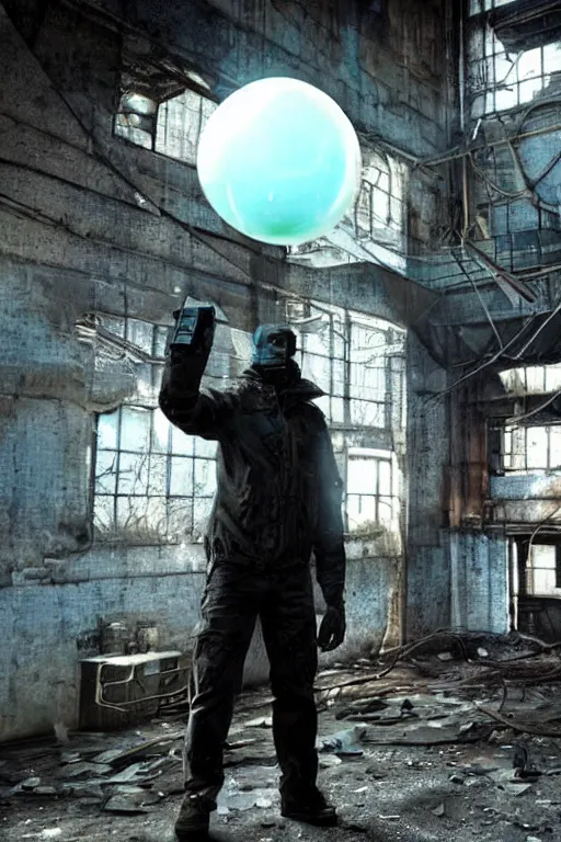 Image similar to a stalker with a detector in his hand from the game s.t.a.l.k.e.r stands next to a large translucent luminous sphere in an abandoned factory, realistic art