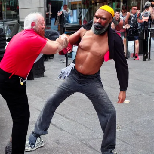 Prompt: mr. t street performer body slamming old man, detailed facial expressions