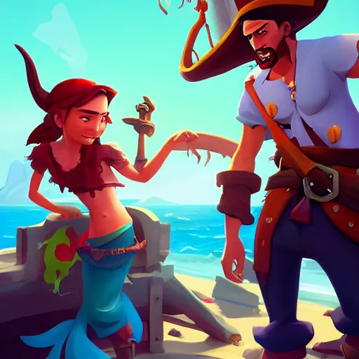 Image similar to jack the pirate and mermaid on sea of thieves game avatar hero, behance hd by jesper ejsing, by rhads, makoto shinkai and lois van baarle, ilya kuvshinov, rossdraws global illumination