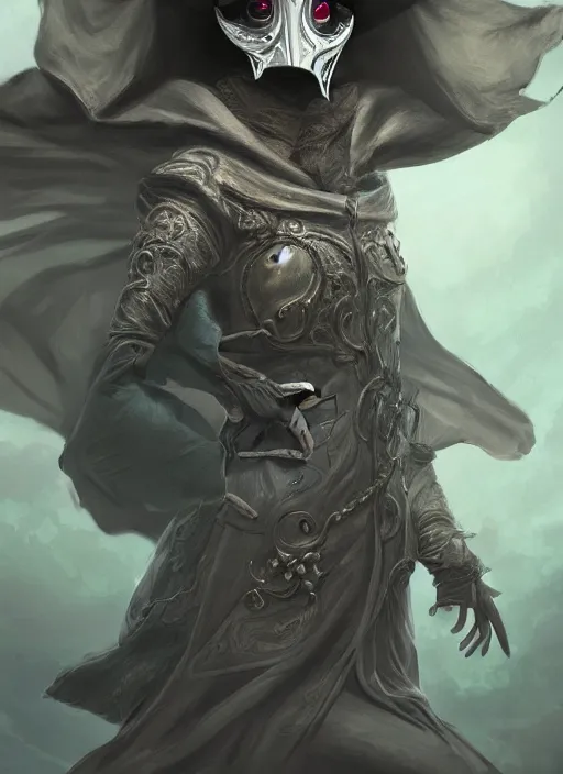 Image similar to a highly detailed illustration of plague doctor mask wearing woman, eerily floating with cape in the wind pose, surrounded by green mist, intricate, elegant, highly detailed, centered, digital painting, artstation, concept art, smooth, sharp focus, league of legends concept art, WLOP