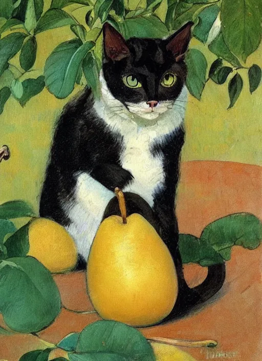 Prompt: vintage beautiful painting of a cat eating a pear in a beautiful fruit garden in Mary Cassatt style