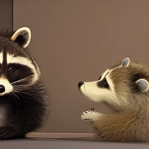 Image similar to youtube video of a raccoon watching a youtube video of a racoon watching a youtube video of a tanuki, in the style of hiroya oku and chris cunningham, inspired by ilya kushinov, photorealistic, epic, super technical, 3 d render, 8 k