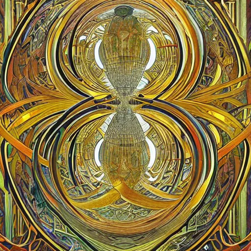 Image similar to crystal labyrinth beyond possibility of imagining, inhabited on many levels by Maurits Cornelis Escher, shining light, clear geometry, atmospheric, Award winning. Masterpiece, detailed illustration, alphonse mucha