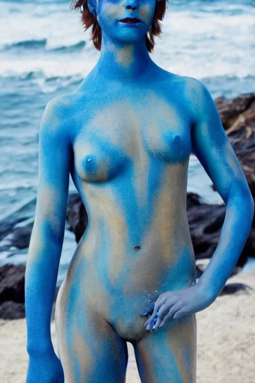 Image similar to a young german woman dressed as a blue-skinned triton from DND standing on a beach, blue body paint, high resolution film still, 8k, HDR colors, cosplay, outdoor lighting, high resolution photograph, photo by bruce weber, beautiful symmetric face