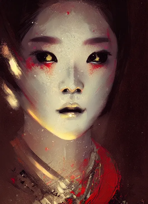 Image similar to female geisha girl, night vision, beautiful face, rule of thirds, intricate outfit, spotlight, by greg rutkowski, by jeremy mann, digital painting