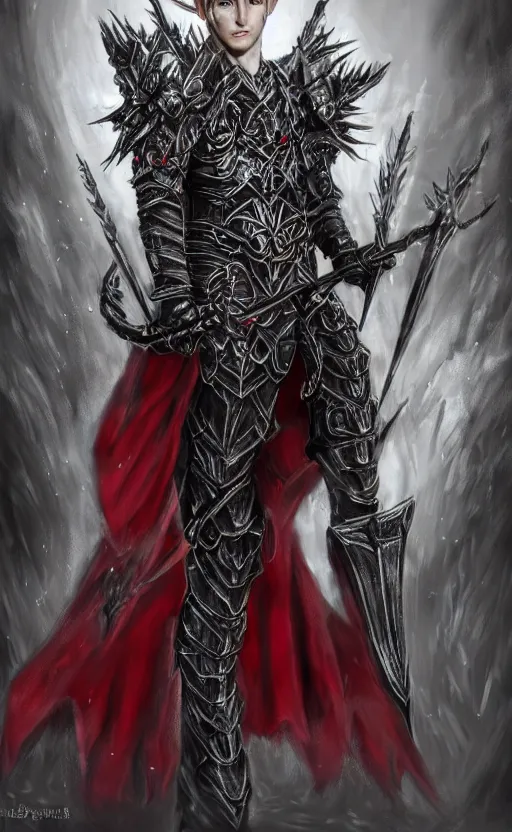 Image similar to A male elf, 20 years old, short silver hair, red eyes, wearing a spiked black metal crown, black heavy armor with gold trim, and a red cape, lean but muscular, attractive, command presence, royalty, weathered face, smooth, sharp focus, illustration, concept art, highly detailed, muscle definition, fantasy paitning, ArtStation, ArtStation HQ