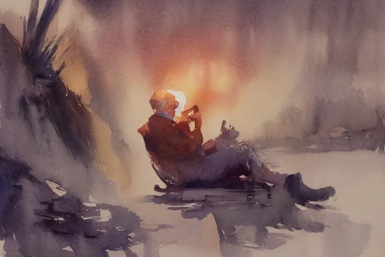 Prompt: small centered on watercolor paper, paint brush strokes, abstract watercolor painting of old man sitting, poor and rugged, cinematic light, national romanticism by hans dahl, by jesper ejsing, by anders zorn, by greg rutkowski, by greg manchess, by tyler edlin