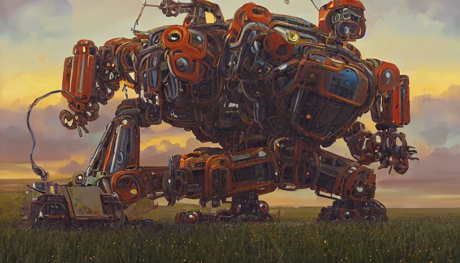 Prompt: an intricate oil painting of a giant scrap metal anime combine harvester humanoid mecha with rounded components by simon stalenhag