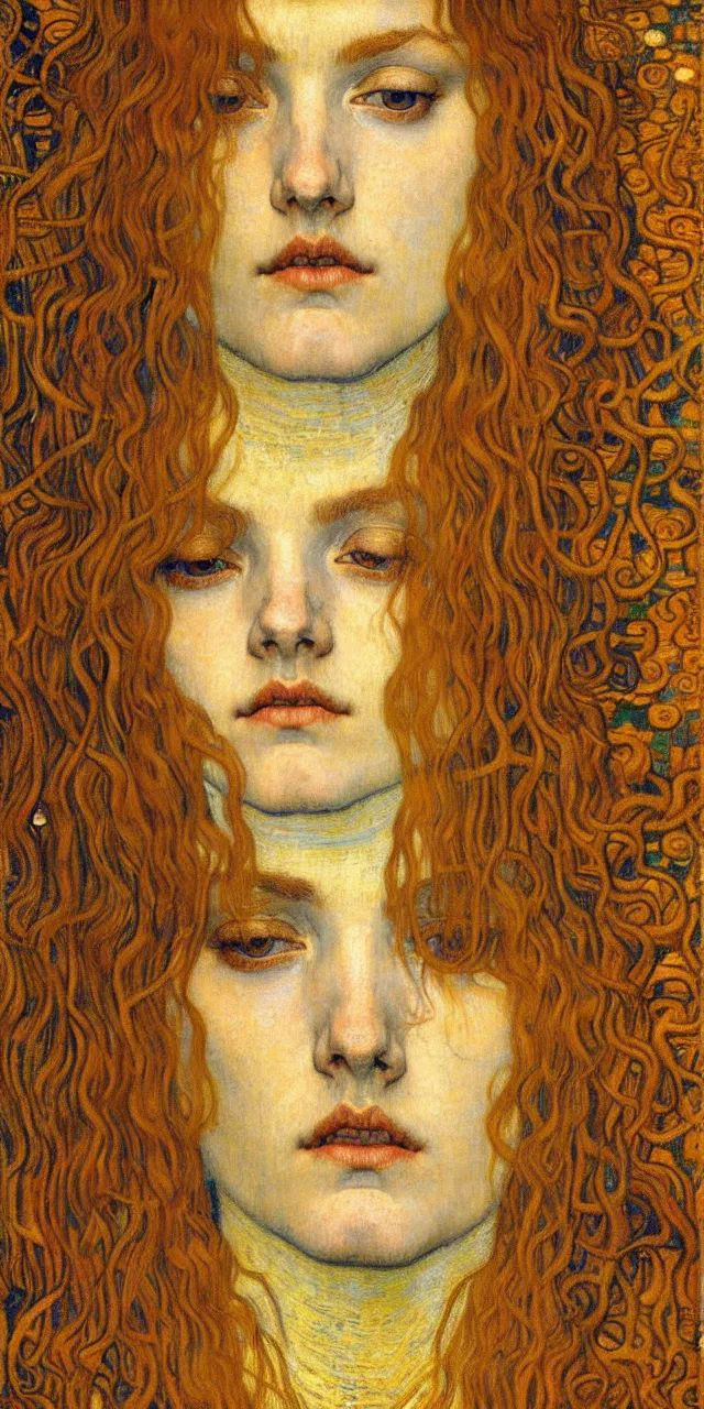 Image similar to detailed realistic beautiful young medieval queen face portrait by jean delville, gustav klimt and vincent van gogh, art nouveau, symbolist, visionary, gothic, pre - raphaelite, muted earthy colors, desaturated