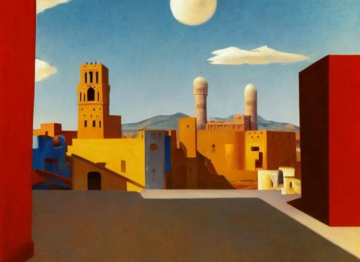 Image similar to old moroccan city, clouds, bird, open ceiling, strange foreign objects, oil painting by edward hopper, chirico and rene magritte