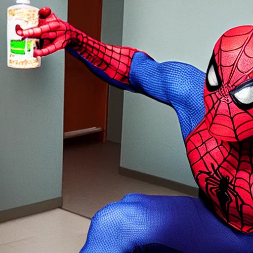 Prompt: spiderman taking medicine