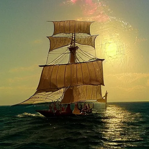 Prompt: A pirate on the high seas that has magical pearlescent shimmering see through sails