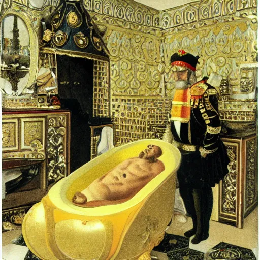 Prompt: emperor of the russian empire nikolay 2 lies in a bath with foam. there is a yellow duck in the bathroom.