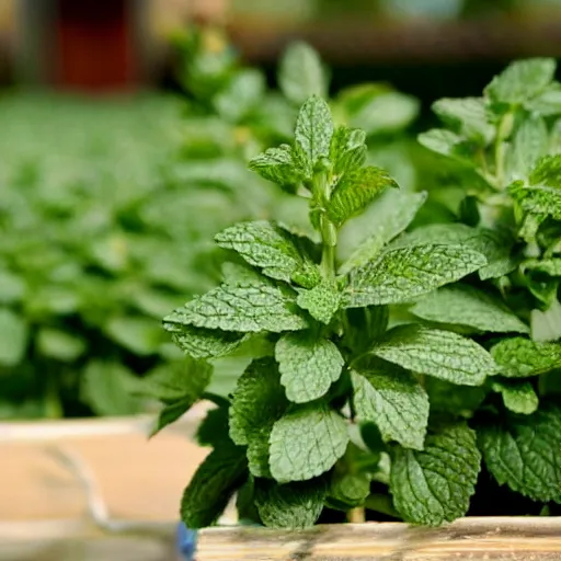 Image similar to spearmint flavored bleachers, with peppermint plants growing all around, as a promotional ad for CERTS mints