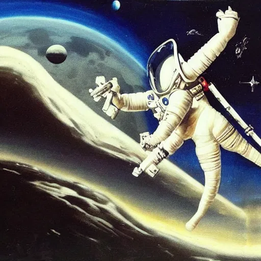 Prompt: painting of john wick in astronaut suit fighting with predators on the moon, created by salvador dali, pistols