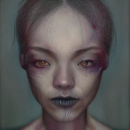 Image similar to portrait of an alien by Sean Yoro, Chie Yoshii and Martine Johanna, dark, moody, foggy, gloomy, high details, washed colors